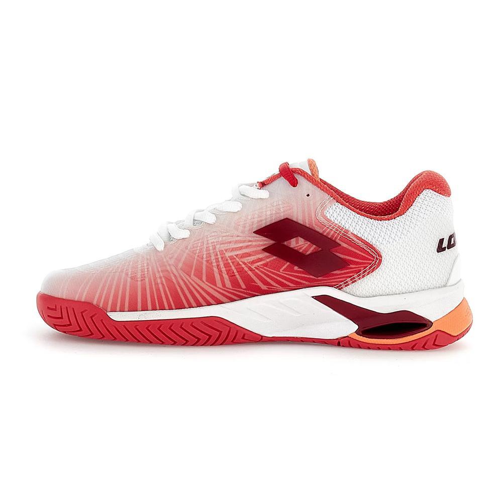 Women's Mirage 100 2nd Speed Tennis Shoes All White and Grenadine Red Womens Shoes LOTTO
