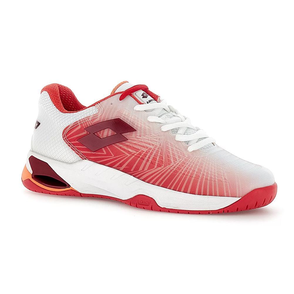 Women's Mirage 100 2nd Speed Tennis Shoes All White and Grenadine Red Womens Shoes LOTTO