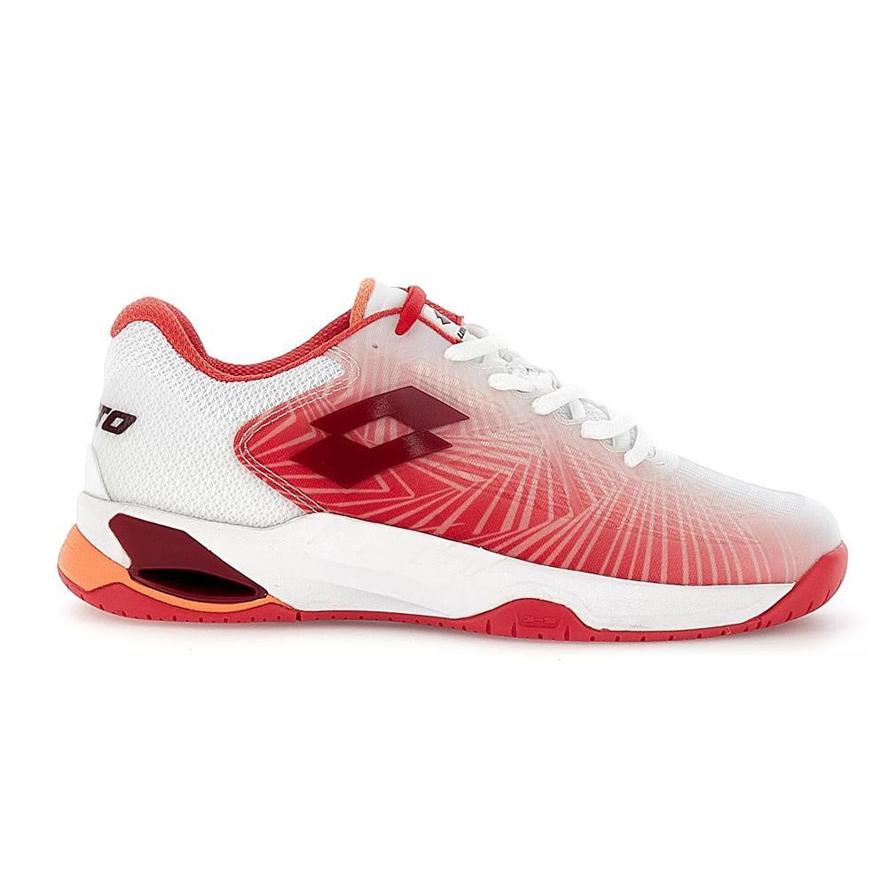 Women's Mirage 100 2nd Speed Tennis Shoes All White and Grenadine Red Womens Shoes LOTTO