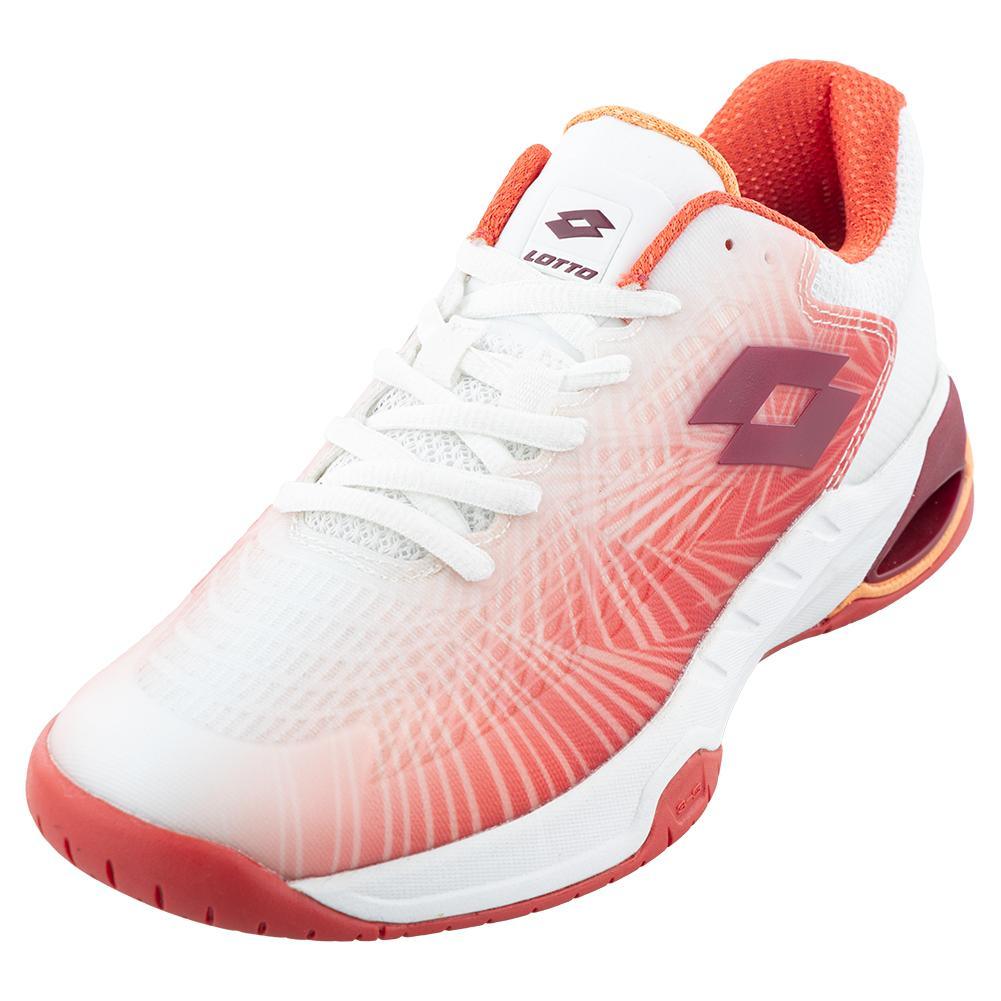 Women's Mirage 100 2nd Speed Tennis Shoes All White and Grenadine Red Womens Shoes LOTTO