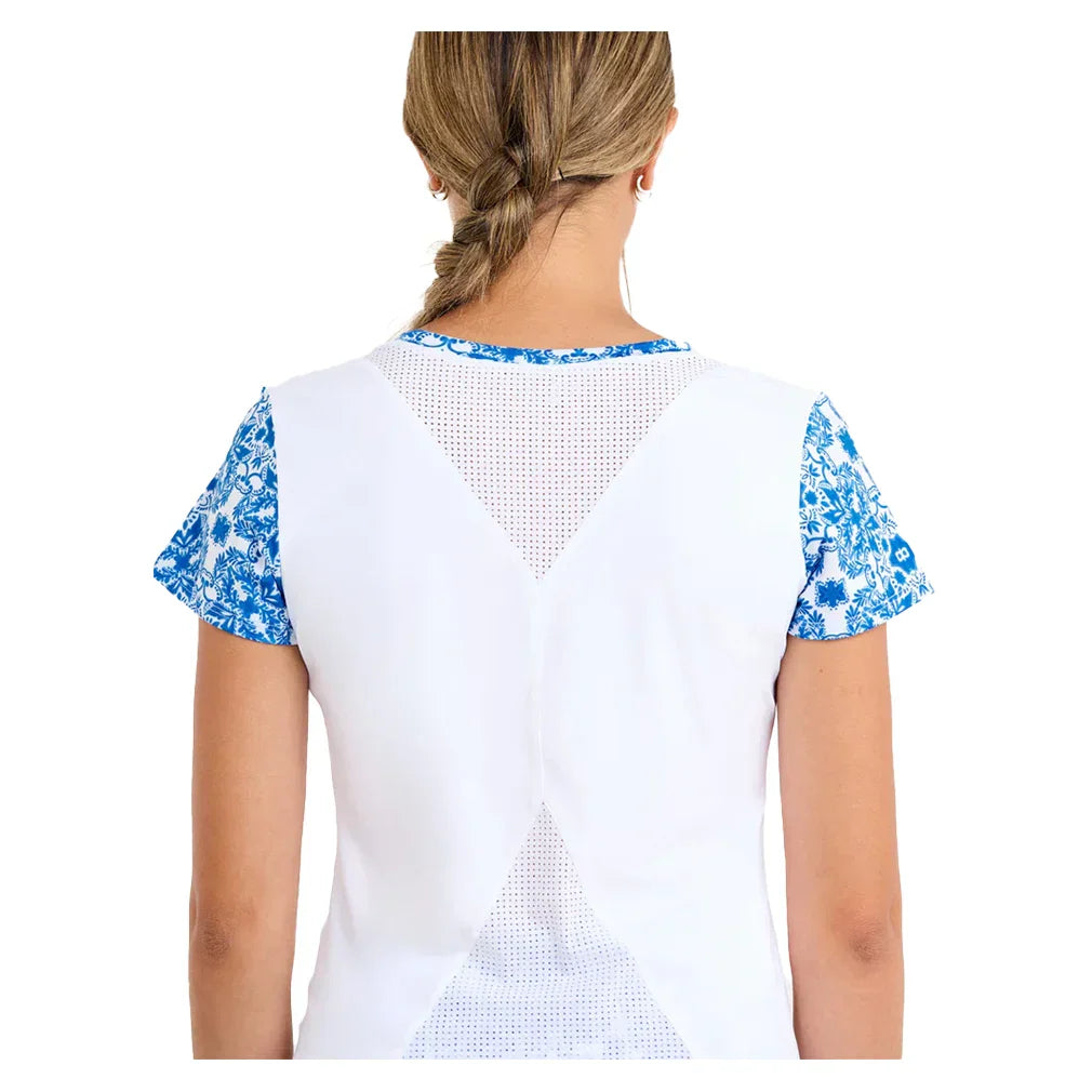 Women`s Short Sleeve Tennis Top White and Sandra Tiles SOFIBELLA