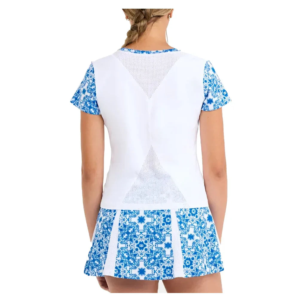 Women`s Short Sleeve Tennis Top White and Sandra Tiles SOFIBELLA
