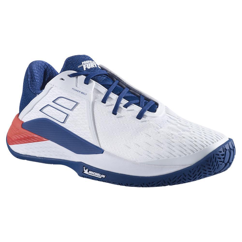 Men's Propulse Fury 3 All Court Tennis Shoes White and Estate Blue Tournament Gear BABOLAT