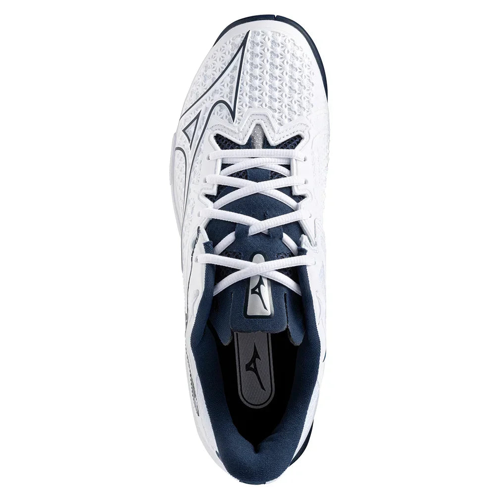 Mens Wave Exceed Tour 6 Clay Tennis Shoes White and Dress Blues Top Tennis Shoes MIZUNO