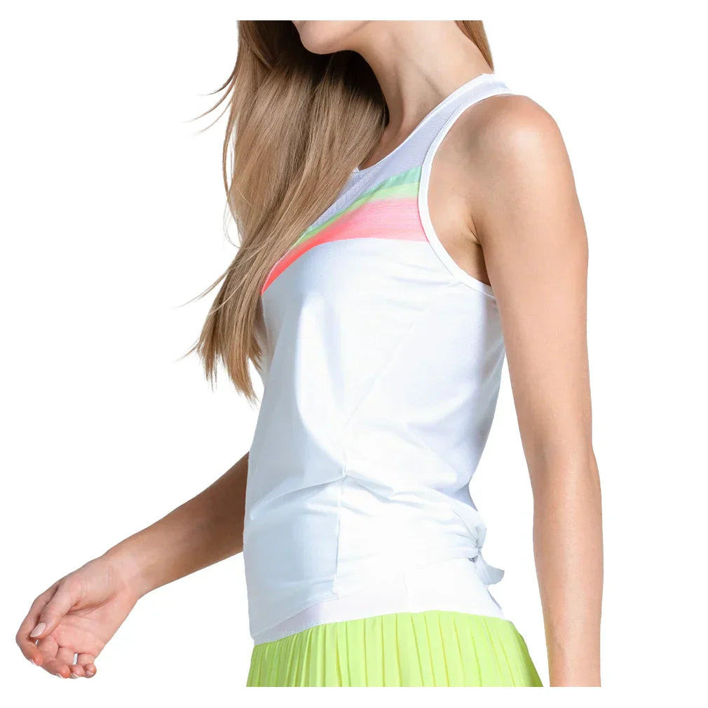 Women`s Sunset Spin Tie Back Tennis Tank White LUCKY IN LOVE