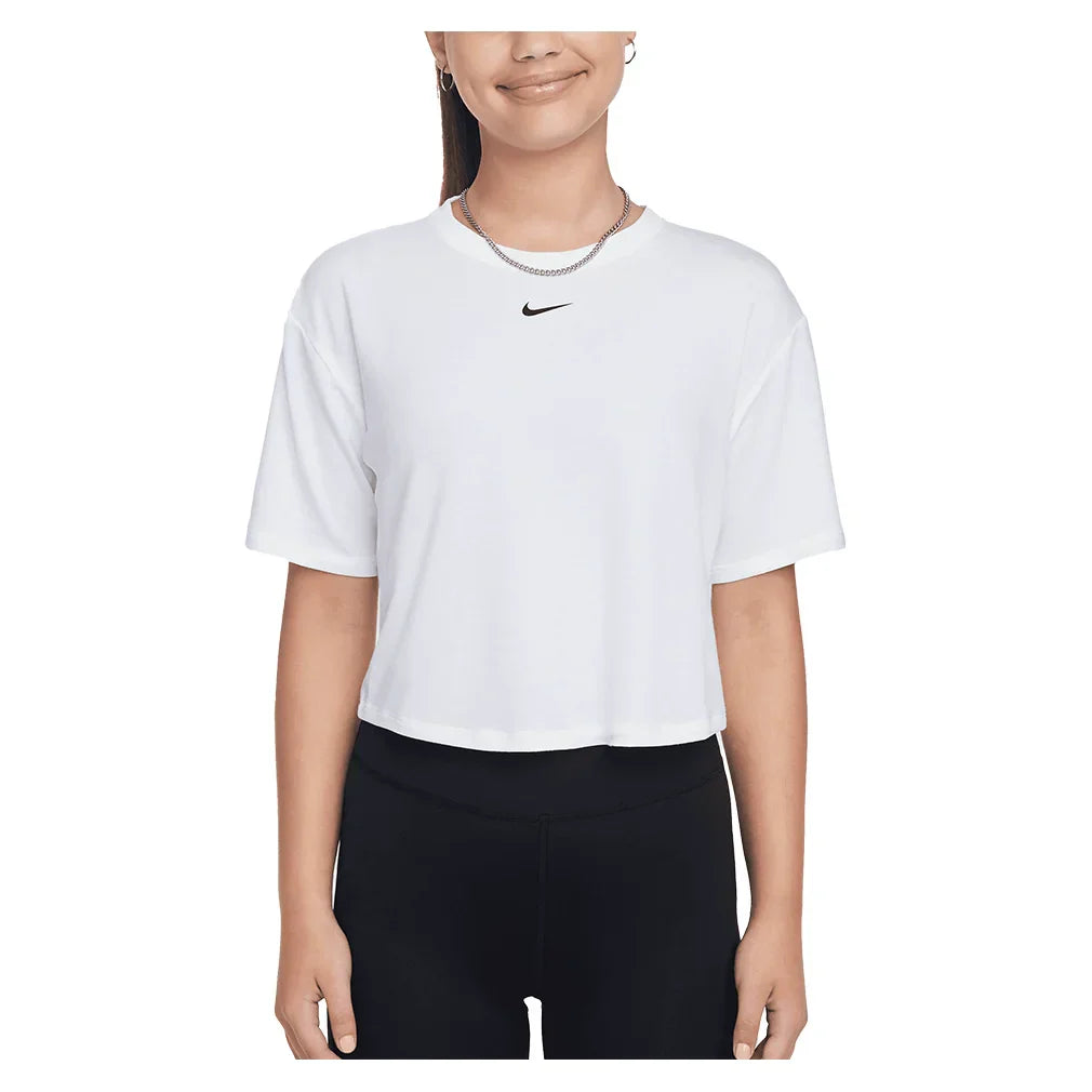 Girls` One Relaxed Dri-FIT Short-Sleeve Top NIKE XS 100_WHITE/BK