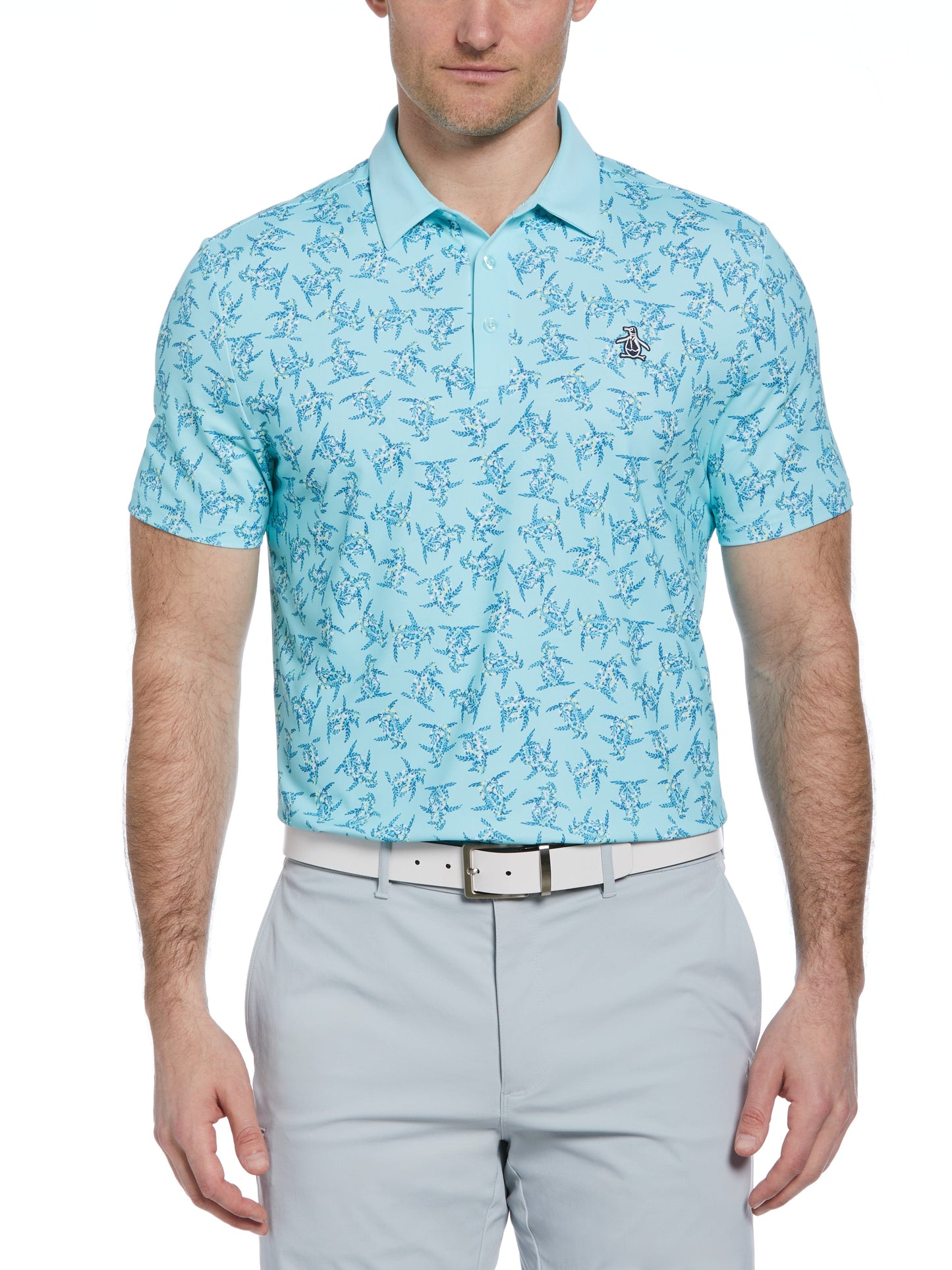 60s Floral Pete Print Short Sleeve Golf Polo Shirt (Tanager Turquoise)