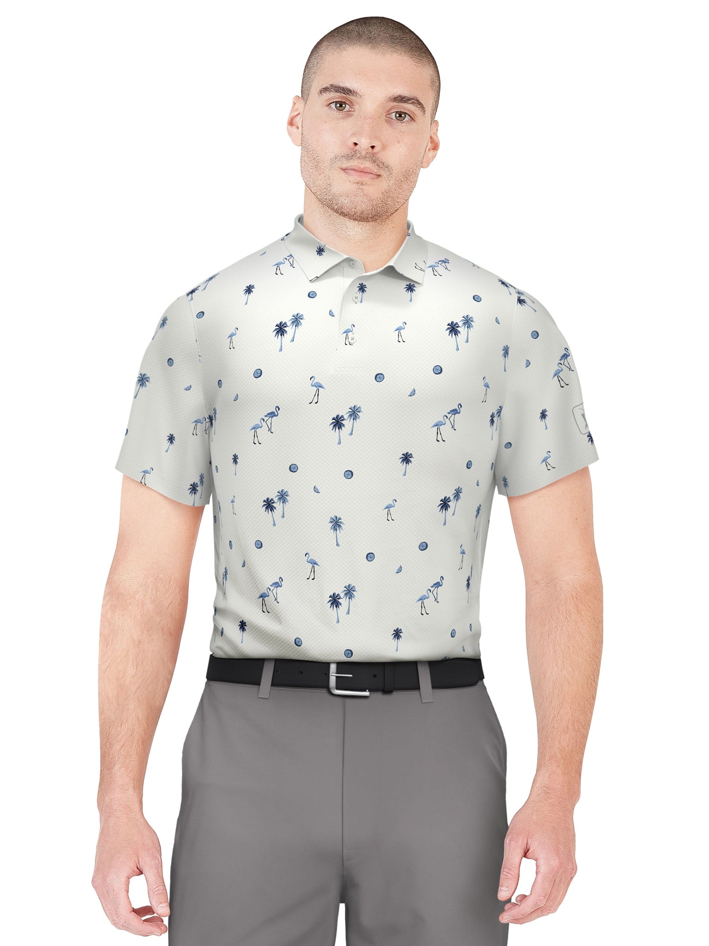 Flamingo Print Golf Polo (Bright White)