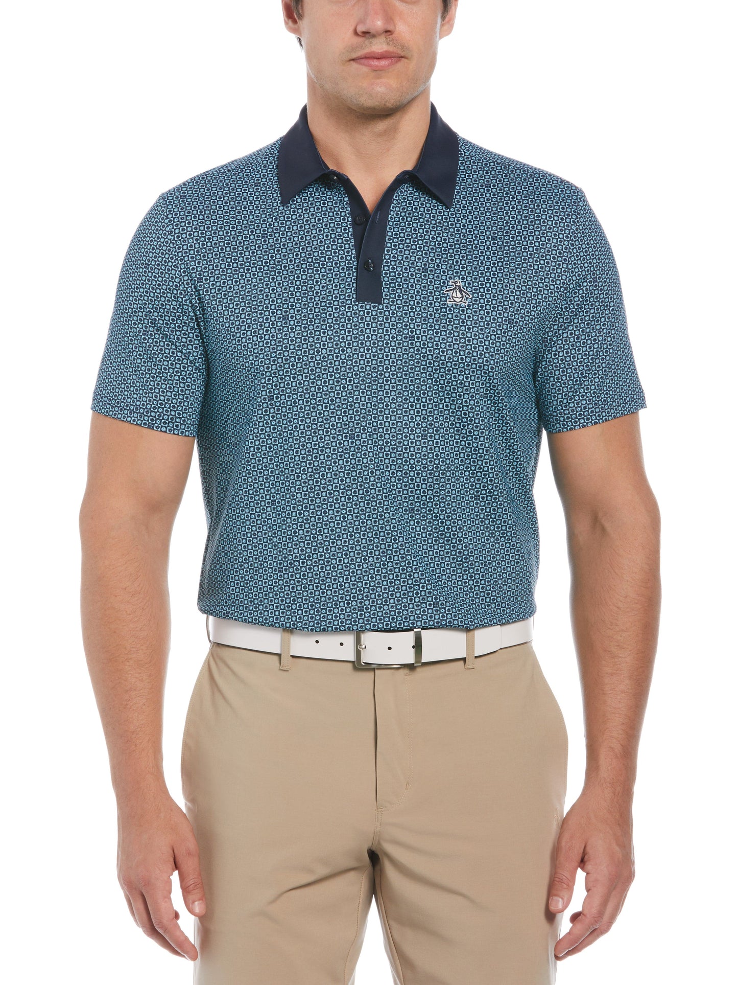 Retro Micro Floral Print Short Sleeve Golf Polo Shirt (Black Iris)