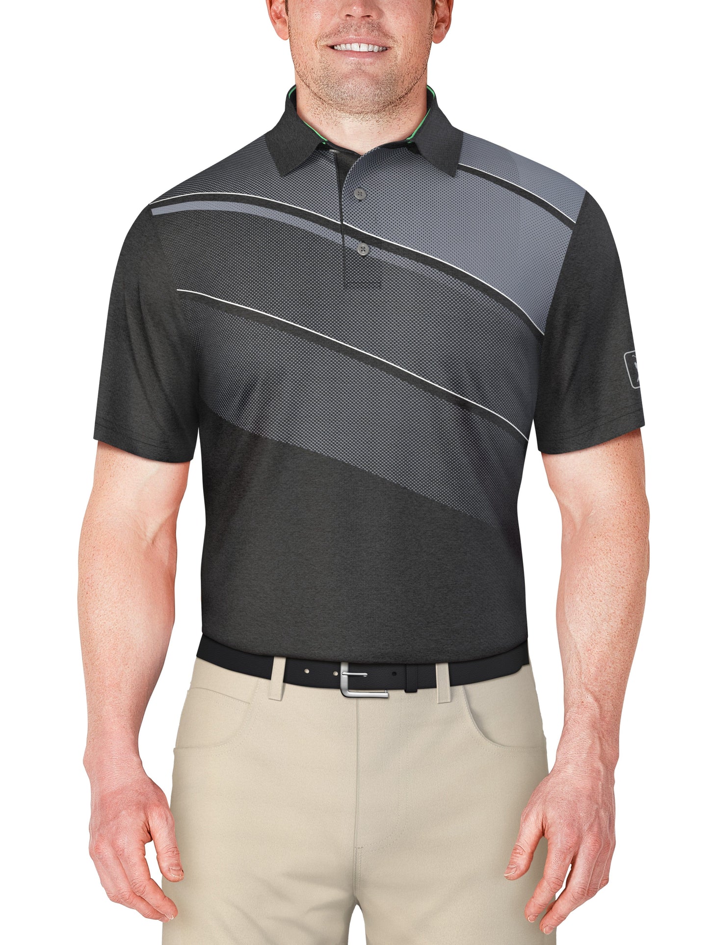 Short Sleeve Asymmetric Heather Print Polo (Caviar)