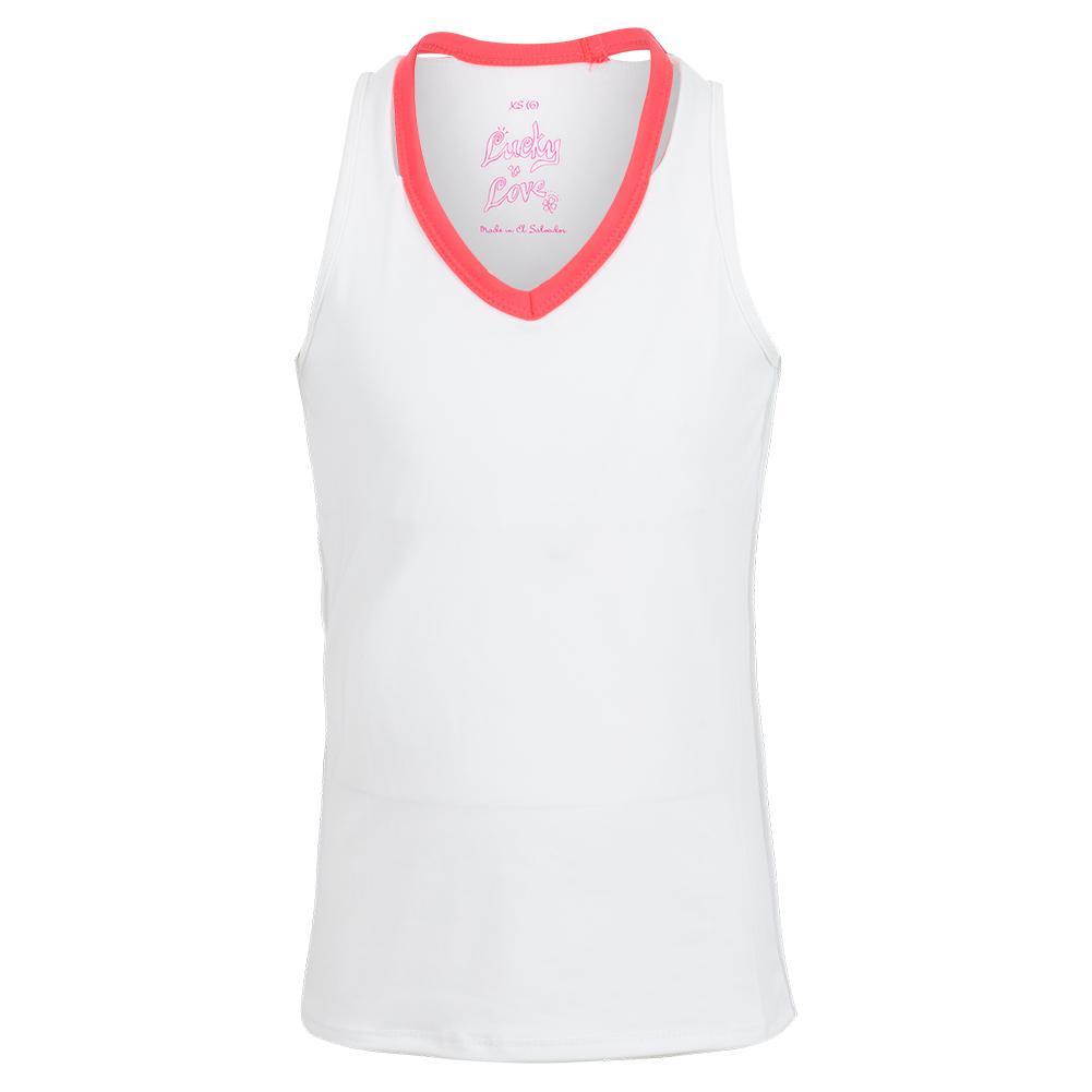 Girls' V-Neck Cutout Tennis Tank White and Coral Crush Girls Apparel LUCKY IN LOVE