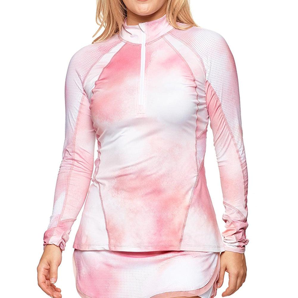 Women`s Grace 1/2 Zip Long Sleeve Tennis Top Romance Print BOBBE Pink XS