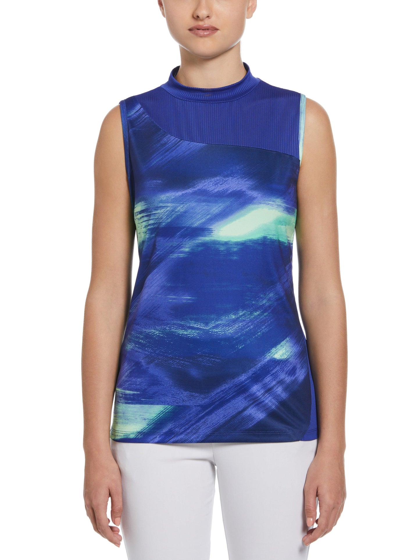 Brushed Abstract Print Golf Shirt with Asymmetrical Blocking (Bluing)