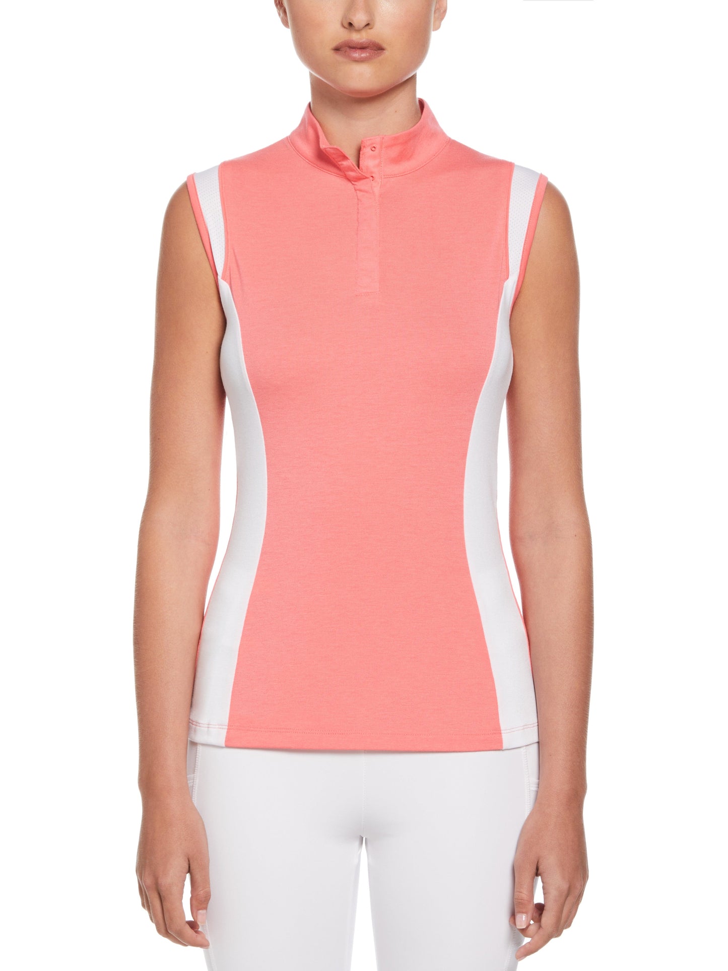Color Block Snap Front Golf Polo with Mesh Top Detail (Coral Paradise)