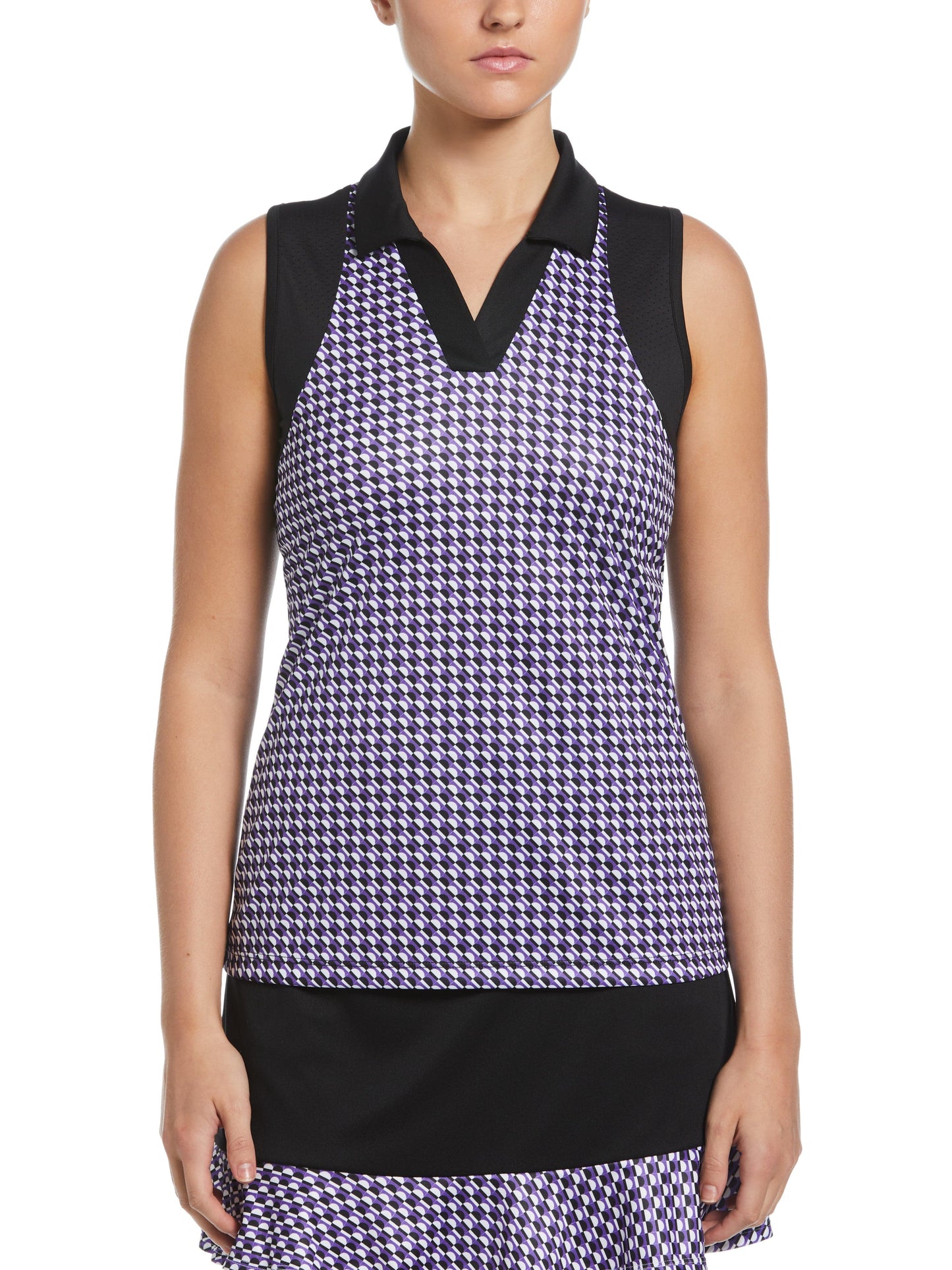 Diagonal Geo Printed Sleeveless Polo W/ Mesh Shoulder Panels (Caviar)