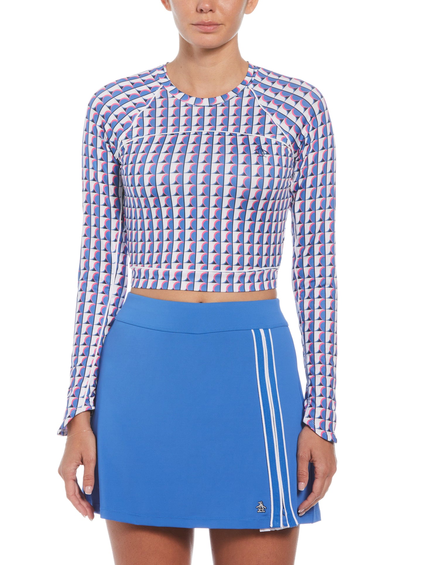 Geo Print Sun Protection Cropped Tennis Shirt (Nebulas Blue)