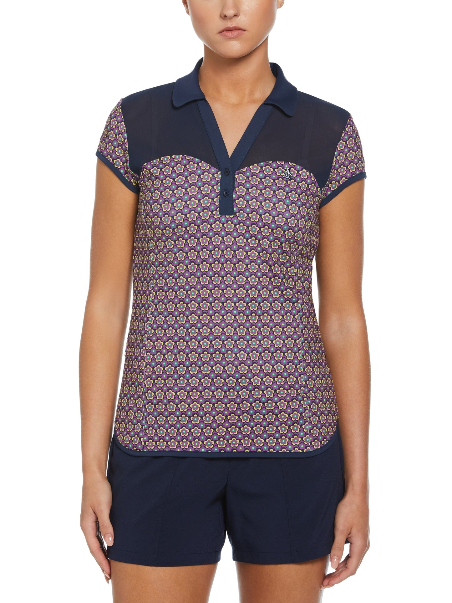 Sweetheart Floral Print Cap Sleeve Polo (Black Iris)
