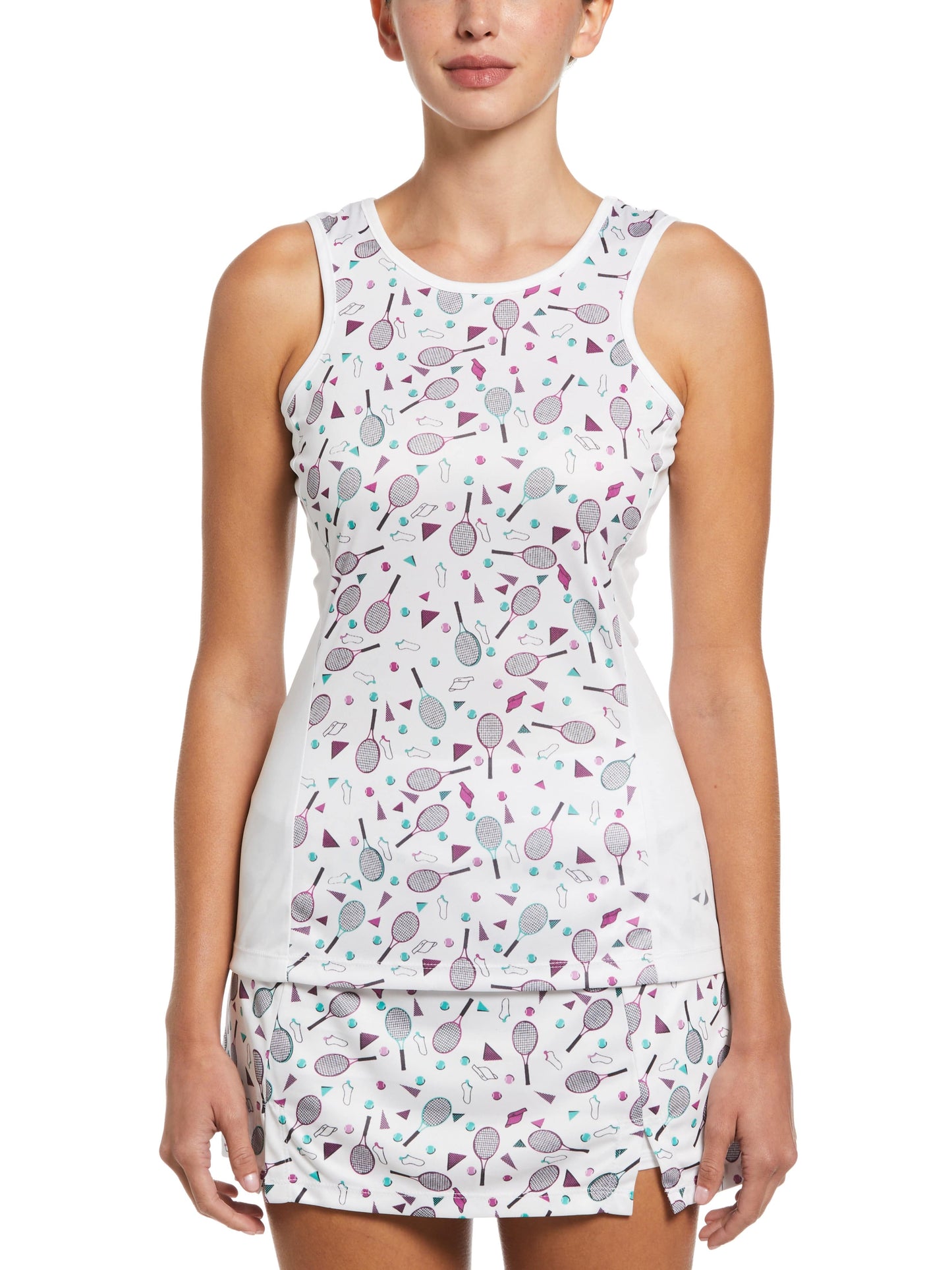 Tennis Conversational Print Racerback Tennis Tank Top (Brilliant White)