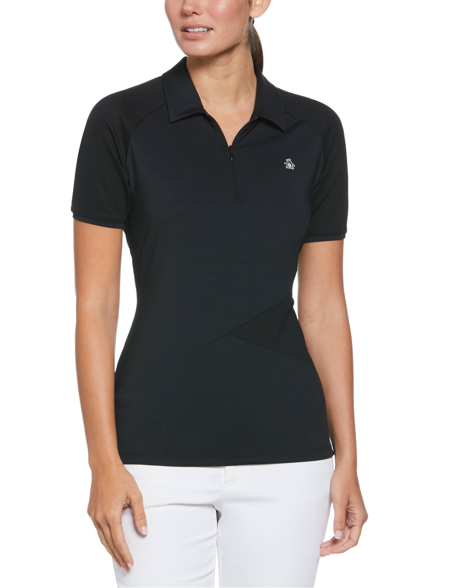 Zip Front Asymetrical Mesh Golf Polo Shirt (Caviar)