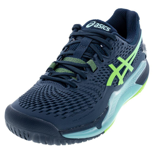 Men`s Gel-Resolution 9 Tennis Shoes Navy Blue Lime Burst TOURNAMENT GEAR ASICS Blue