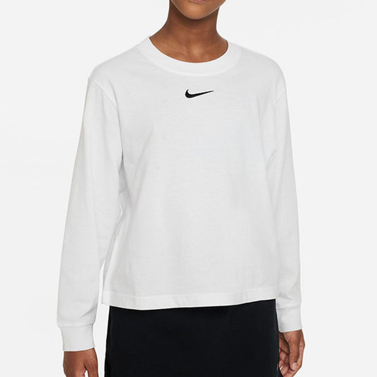 Girls' Sportswear Essential Long-Sleeve T-Shirt White and Black Training NIKE White
