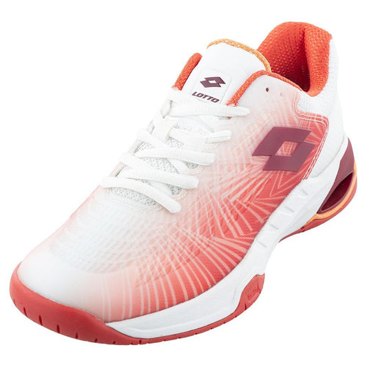Women's Mirage 100 2nd Speed Tennis Shoes All White and Grenadine Red Womens Shoes LOTTO 5.5
