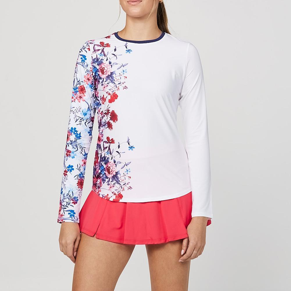 Womens Wild Flowers Long Sleeve Tennis Top White and Ode Womens Apparel SOFIBELLA XS