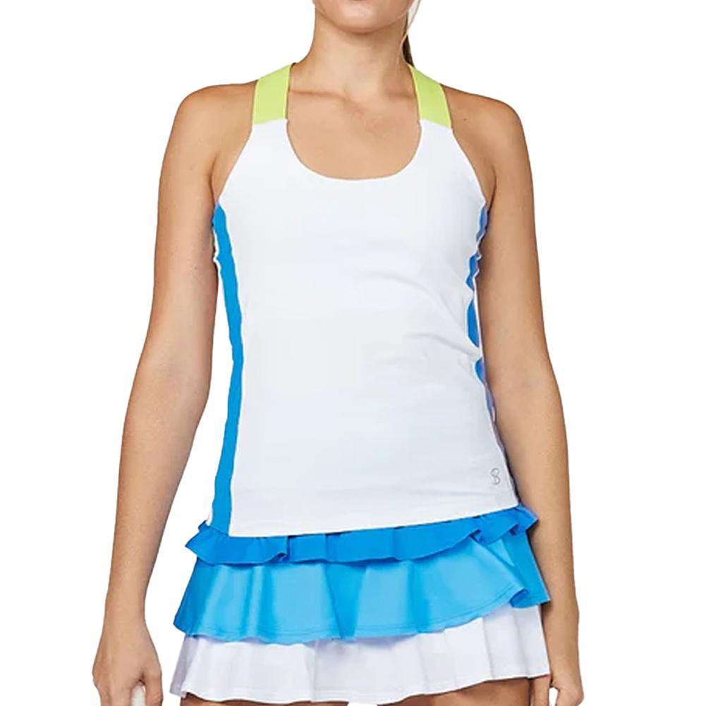 Womens New Wave 24 Inch Tennis Tank with Built-In Bra White and Azure Womens Apparel SOFIBELLA XL