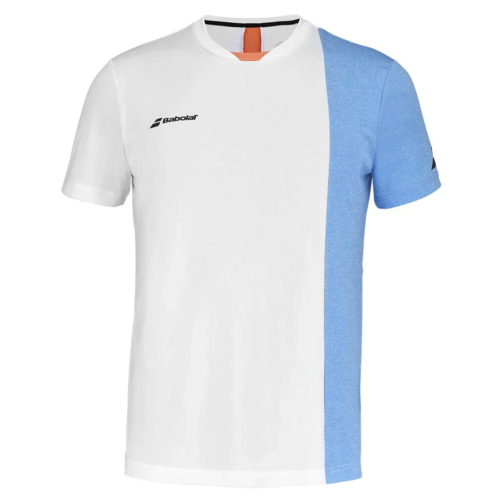 Boys` Play Crew Neck Tennis Top White and Blithe Blue Heather BABOLAT 6/8
