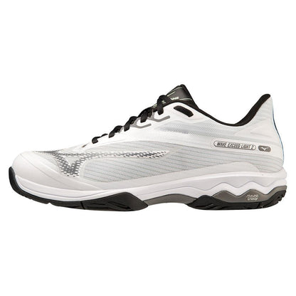 Men's Wave Exceed Light 2 AC Tennis Shoes White and Metallic Grey Top Tennis Shoes MIZUNO 7.5