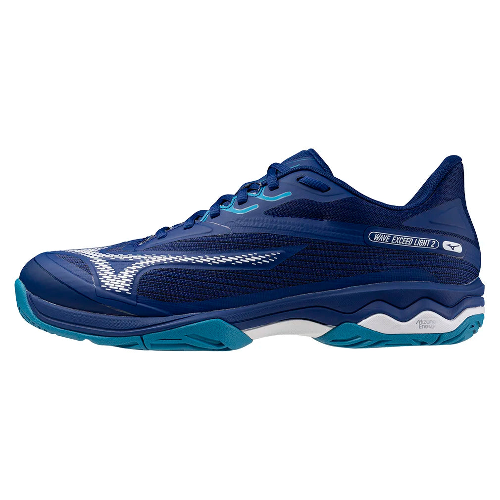 Men`s Wave Exceed Light 2 Tennis Shoes Bellwether Blue and White MIZUNO