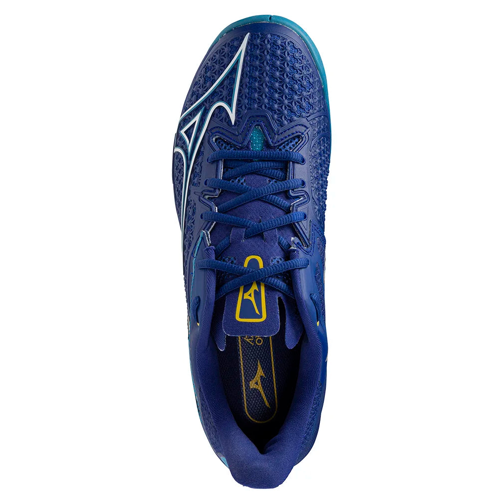 Men`s Wave Exceed Tour 6 Tennis Shoes Bellwether Blue and White MIZUNO