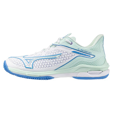 Women`s Wave Exceed Tour 6 Tennis Shoes White and Frontier Blue MIZUNO