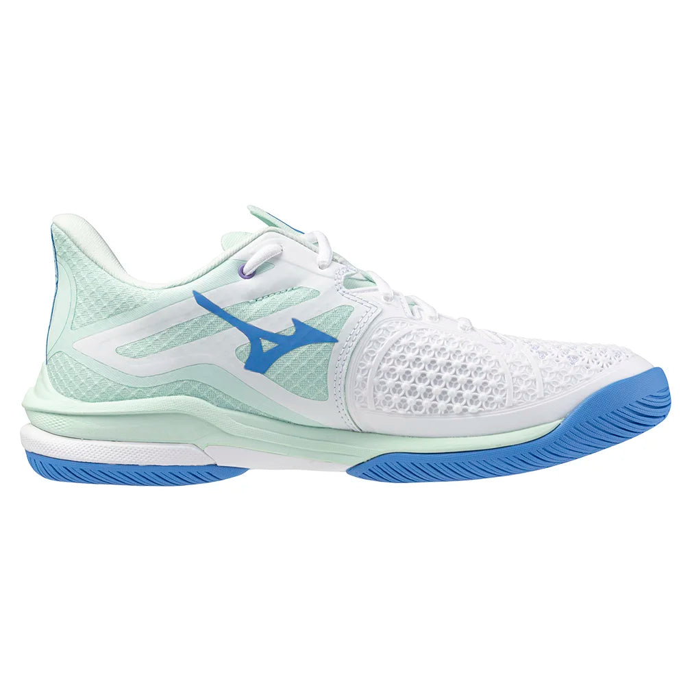 Women`s Wave Exceed Tour 6 Tennis Shoes White and Frontier Blue MIZUNO