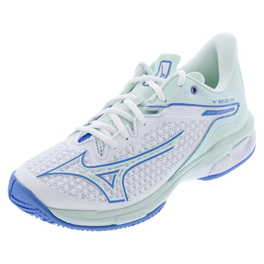 Women`s Wave Exceed Tour 6 Tennis Shoes White and Frontier Blue MIZUNO 6 White