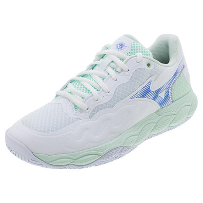 Women`s Wave Enforce Court Tennis Shoes White and Frontier Blue MIZUNO 6 White