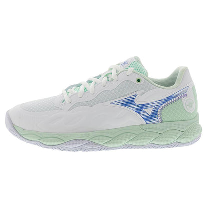 Women`s Wave Enforce Court Tennis Shoes White and Frontier Blue MIZUNO