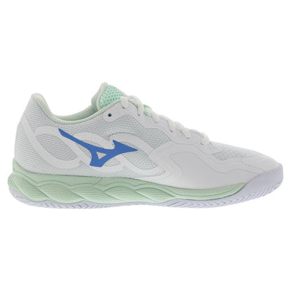 Women`s Wave Enforce Court Tennis Shoes White and Frontier Blue MIZUNO