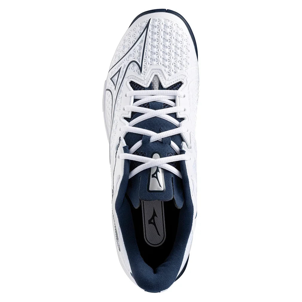 Mens Wave Exceed Tour 6 Clay Tennis Shoes White and Dress Blues Top Tennis Shoes MIZUNO