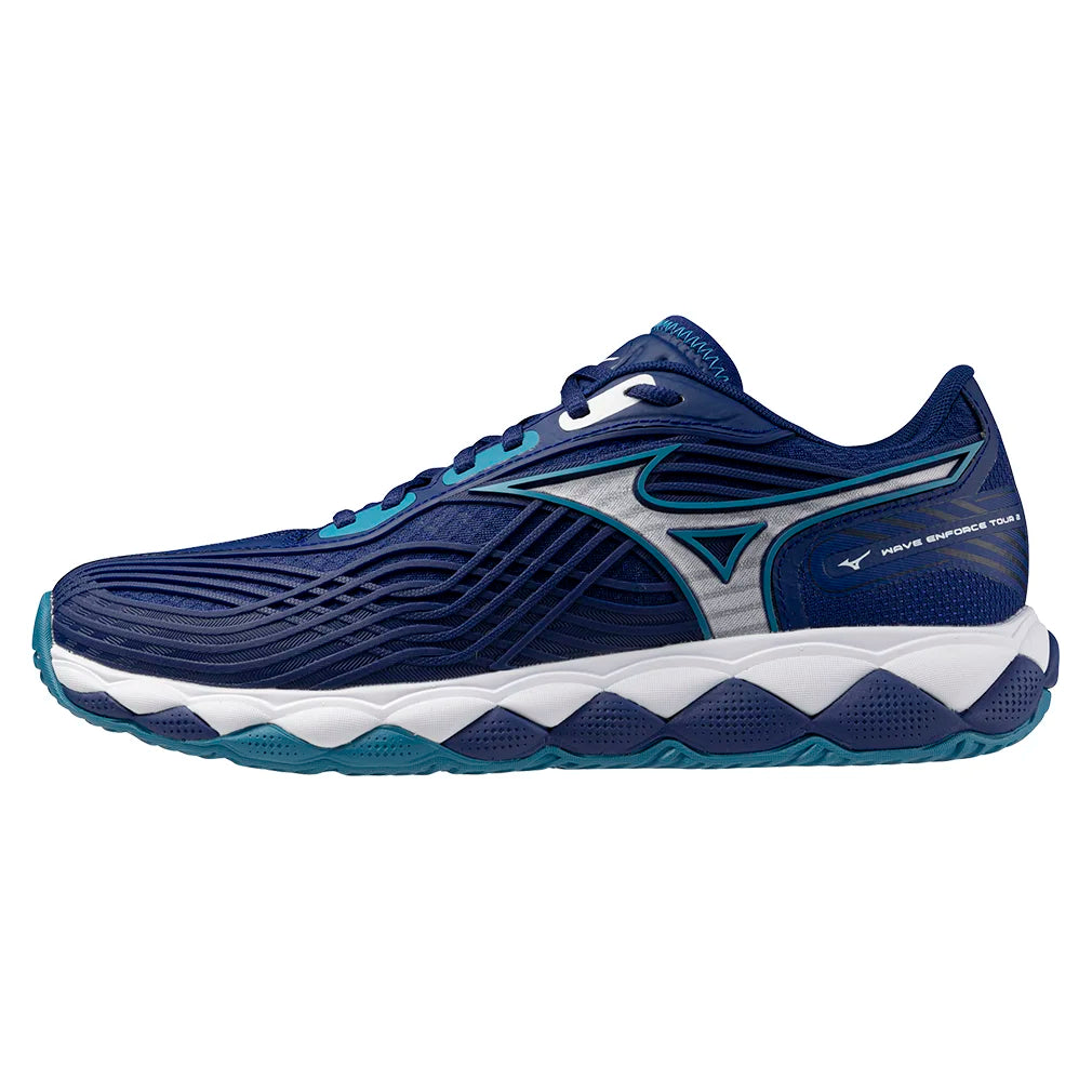 Men`s Wave Enforce Tour 2 Tennis Shoes Bellwether Blue and White MIZUNO