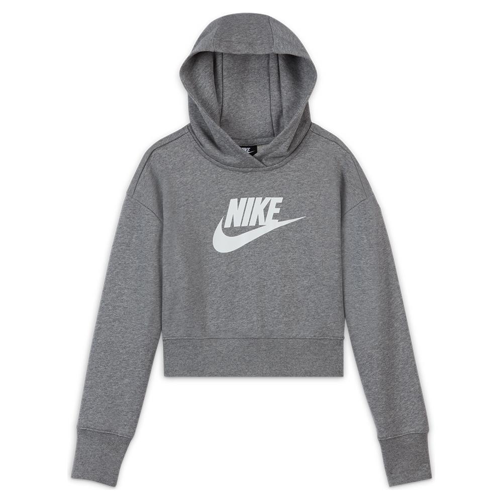 Girls' Sportswear Club French Terry Cropped Hoodie Carbon Heather and White Training NIKE