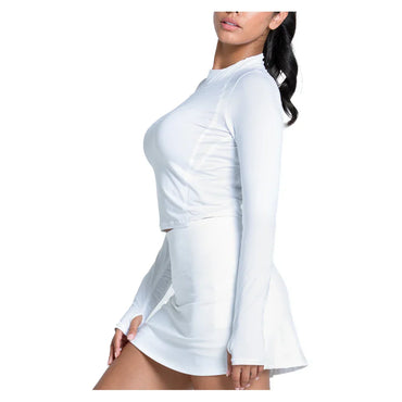 Women`s Mock Neck Hip Fit Long Sleeve Tennis Top White LUCKY IN LOVE