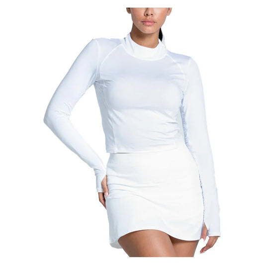 Women`s Mock Neck Hip Fit Long Sleeve Tennis Top White LUCKY IN LOVE XS White