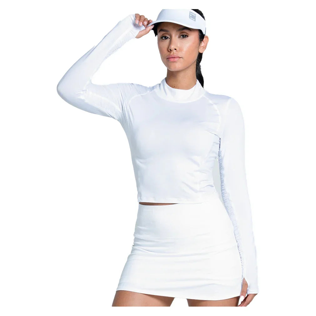 Women`s Mock Neck Hip Fit Long Sleeve Tennis Top White LUCKY IN LOVE