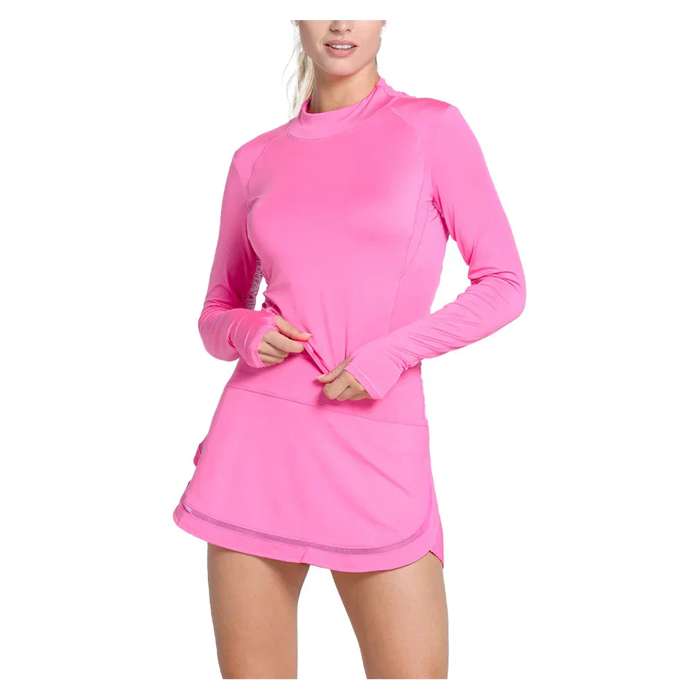 Women`s Mock Neck Hip Fit Long Sleeve Tennis Top Taffy LUCKY IN LOVE