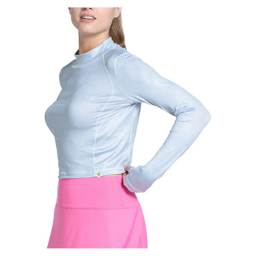 Women`s Mock Neck Hip Fit Long Sleeve Tennis Top Heather Grey LUCKY IN LOVE