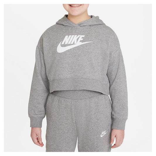 Girls' Sportswear Club French Terry Cropped Hoodie Carbon Heather and White Training NIKE Grey S