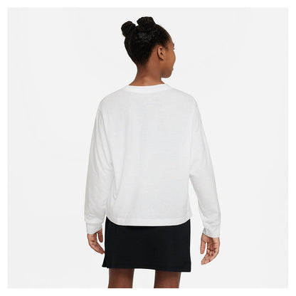 Girls' Sportswear Essential Long-Sleeve T-Shirt White and Black Training NIKE