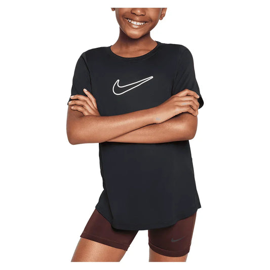 Girls` Dri-FIT One Short Sleeve Training Top Black and White NIKE XS Black