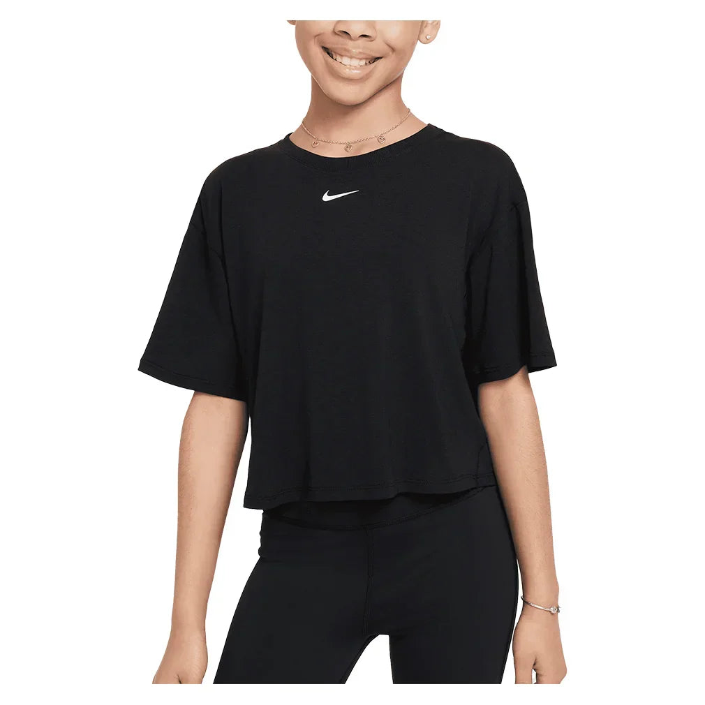 Girls` One Relaxed Dri-FIT Short-Sleeve Top NIKE XS 010_BLACK/WT